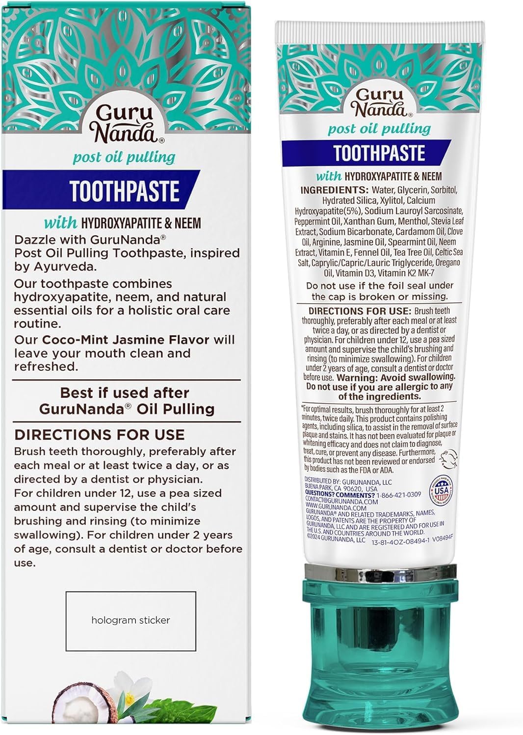 Hydroxyapatite Toothpaste, SLS & Fluoride Free, Whitening Toothpaste with Tongue Scraper & Squeezer - Freshens Breath, Fights Plaque - Natural Cocomint Jasmine Neem, 4.2Oz