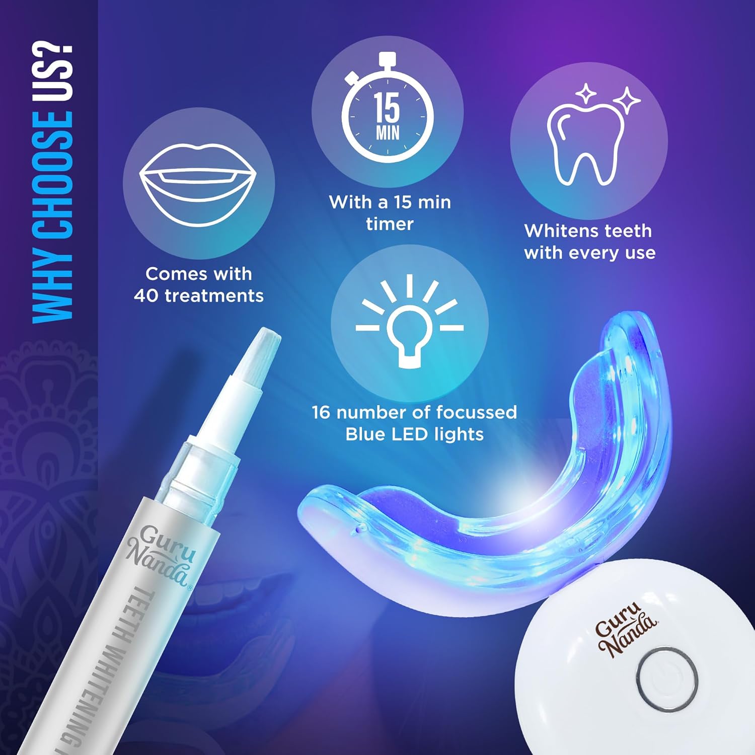 Professional Teeth Whitening Wireless Kit with LED Light & Whitening Pen, Helps Remove Surface Stains from Coffee, Food, Soda, 40 Treatments