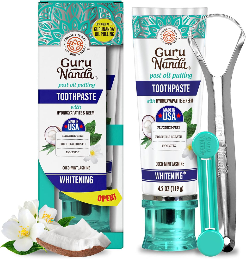 Hydroxyapatite Toothpaste, SLS & Fluoride Free, Whitening Toothpaste with Tongue Scraper & Squeezer - Freshens Breath, Fights Plaque - Natural Cocomint Jasmine Neem, 4.2Oz