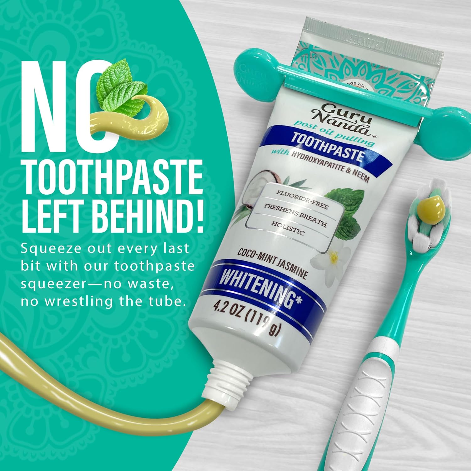 Hydroxyapatite Toothpaste, SLS & Fluoride Free, Whitening Toothpaste with Tongue Scraper & Squeezer - Freshens Breath, Fights Plaque - Natural Cocomint Jasmine Neem, 4.2Oz
